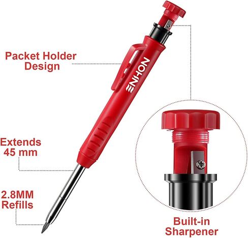Enhon Mechanical Pencil Set with 4 Carpenter Pencils and 40 Construction Pencil Refill, Woodworking Tools for Carpenters, Long Head Deep Hole Marker with Built in Sharpener(Black, Red, Yellow) in Kuwait