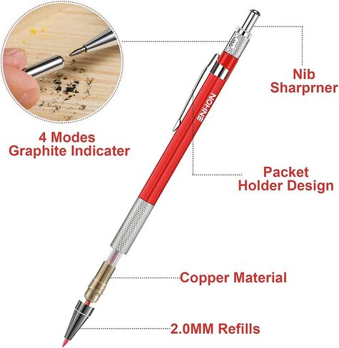 Enhon Mechanical Pencil Set with 4 Carpenter Pencils and 40 Construction Pencil Refill, Woodworking Tools for Carpenters, Long Head Deep Hole Marker with Built in Sharpener(Black, Red, Yellow) in Kuwait