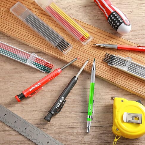 Enhon Mechanical Pencil Set with 4 Carpenter Pencils and 40 Construction Pencil Refill, Woodworking Tools for Carpenters, Long Head Deep Hole Marker with Built in Sharpener(Black, Red, Yellow) in Kuwait