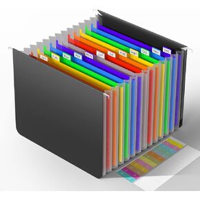 Expanding Hanging File Folders,Plastic Expandable Hanging Folder Letter Size,Filing Cabinet,13 Innovative Accordion Pocket,Alphabetical Tab,Large Capacity,Durable File Organizer 1 Black