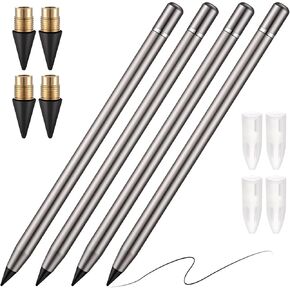 Metal Inkless Pen Inkless Erasable Metallic Aluminum Pencil with Eraser for Writing Drafting Drawing Home Office School Supplies(Black and Silver)