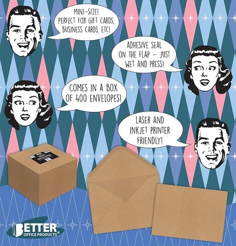 Better Office Products Kraft Mini Envelopes, 4" x 2.75", Strong 35 lb. Paper, Contoured Gummed Flap, Envelopes for Gift Cards, Business Cards, Flower Cards (100 Pack) in Kuwait