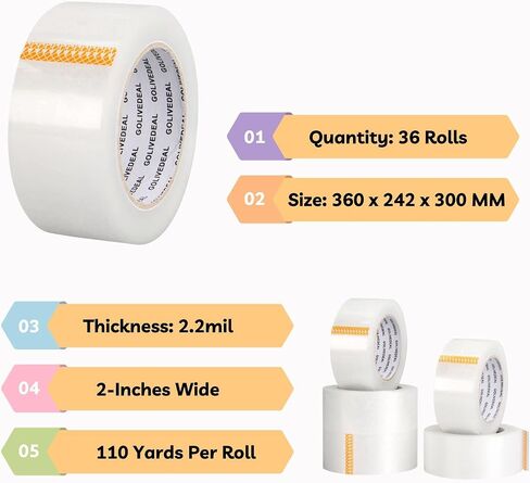 GOLIVEDEAL Clear Packing Tape (36 Rolls), Heavy Duty Packing Tape for Shipping, Packaging, Moving, Sealing. The Shipping Tape is 2.2mil Thick, 2" Wide, 110 Yards Per Roll, 3960 Total Yards in Saudi Arabia