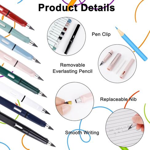 قلم رصاص دائم من MOAMUN 8 قطع، قلم رصاص بدون حبر مع ممحاة و8 قطع مناقير بديلة، قلم سحري لا نهائي قابل لإعادة الاستخدام مع حقيبة قلم رصاص للرسم الطلابي، هدية للأطفال in Kuwait