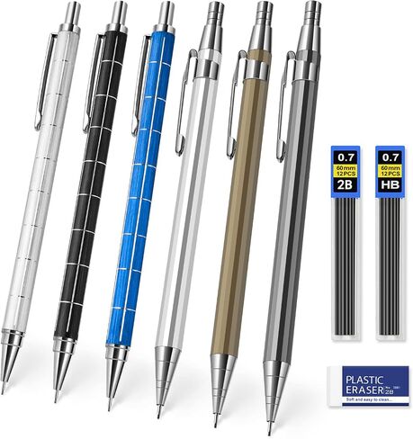 0.7 mm Mechanical Pencils Set, BBR Leads Mechanical Pencils,Metal Mechanical Pencils with Eraser and HB Lead Refills,Drafting Pencil, Automatic Lead Pencils for Sketching, Writing, Drawing, 6 pack in Saudi Arabia