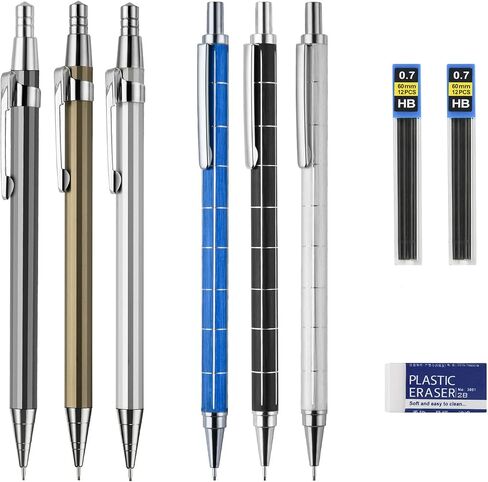 0.7 mm Mechanical Pencils Set, BBR Leads Mechanical Pencils,Metal Mechanical Pencils with Eraser and HB Lead Refills,Drafting Pencil, Automatic Lead Pencils for Sketching, Writing, Drawing, 6 pack in Saudi Arabia