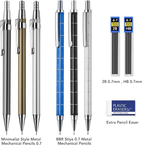 0.7 mm Mechanical Pencils Set, BBR Leads Mechanical Pencils,Metal Mechanical Pencils with Eraser and HB Lead Refills,Drafting Pencil, Automatic Lead Pencils for Sketching, Writing, Drawing, 6 pack in Saudi Arabia
