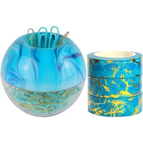 3 Rolls Marbling Blue Washi Tape and Round Blue Marble Magnetic Paper Clips Holder with 100pcs 28mm Mint Green N Gold Paper Clips Set for Office Schools Supplies