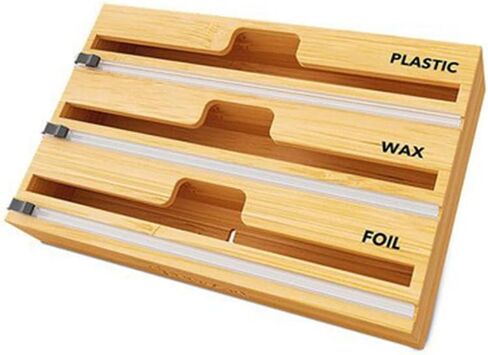Raybin 3 in 1 Wrap Dispenser with Cutter and Labels, Plastic Wrap, Aluminum Foil and Wax Paper Dispenser for Kitchen Drawer, Bamboo Roll Organizer Holder, Compatible with 12" Roll in Saudi Arabia