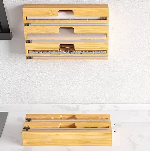 Raybin 3 in 1 Wrap Dispenser with Cutter and Labels, Plastic Wrap, Aluminum Foil and Wax Paper Dispenser for Kitchen Drawer, Bamboo Roll Organizer Holder, Compatible with 12" Roll in Saudi Arabia