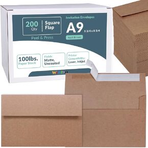 200 Pcs Bulk A9 Invitation Envelopes in White Peel & Press Self Seal 5 3/4 x 8 3/4 Square Flap Envelopes 100lb. for Wedding Holiday Shower Business Invitations Announcements Mailing Greeting Cards