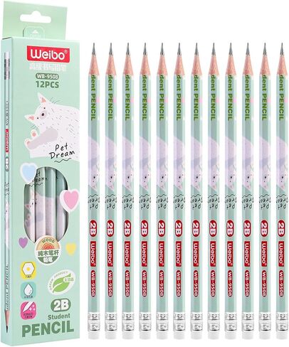 أقلام رصاص سداسية من Weibo 2B، دهنية، سميكة، قوية، أقلام رصاص سداسية مع ممحاة ومبراة، مناسبة للمدرسة والأطفال والفنون والرسم والصياغة والرسم والتظليل (عبوة من 12 قطعة) (أزرق) in Kuwait