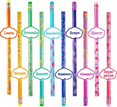 اقلام رصاص معطرة للاطفال من فيوكسسي، اقلام رصاص اتش بي مع محايات ملونة من الخشب مع عناصر فاكهة، مستلزمات مكتبية مدرسية للحفلات للاولاد والبنات 10 انماط (نمط فاكهة) in Kuwait