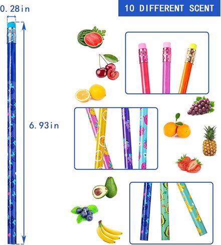 اقلام رصاص معطرة للاطفال من فيوكسسي، اقلام رصاص اتش بي مع محايات ملونة من الخشب مع عناصر فاكهة، مستلزمات مكتبية مدرسية للحفلات للاولاد والبنات 10 انماط (نمط فاكهة) in Kuwait