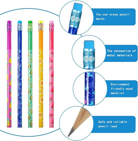 اقلام رصاص معطرة للاطفال من فيوكسسي، اقلام رصاص اتش بي مع محايات ملونة من الخشب مع عناصر فاكهة، مستلزمات مكتبية مدرسية للحفلات للاولاد والبنات 10 انماط (نمط فاكهة) in Kuwait