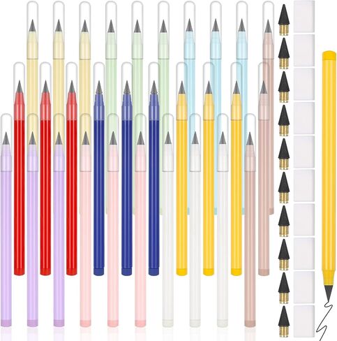 Jspupifip 30 Pcs Forever Everlasting Inkless Pencil with 10 Eraser,Infinity Inkless Pencil Reusable Colored with 10 Pcs Replaceable Graphite Nib for Aesthetic School Office Writing Supplies in Saudi Arabia