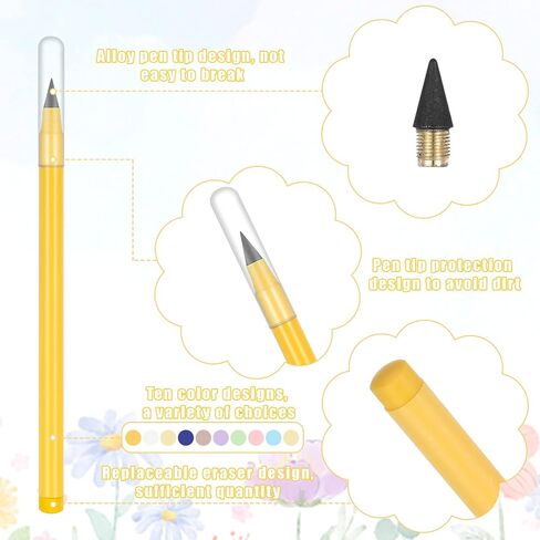 Jspupifip 30 Pcs Forever Everlasting Inkless Pencil with 10 Eraser,Infinity Inkless Pencil Reusable Colored with 10 Pcs Replaceable Graphite Nib for Aesthetic School Office Writing Supplies in Saudi Arabia