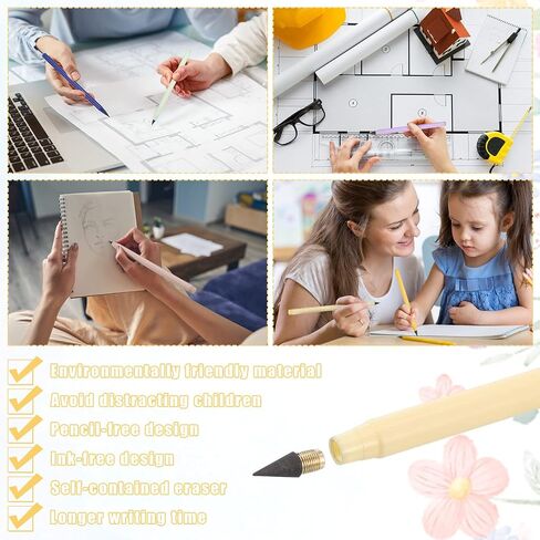 Jspupifip 30 Pcs Forever Everlasting Inkless Pencil with 10 Eraser,Infinity Inkless Pencil Reusable Colored with 10 Pcs Replaceable Graphite Nib for Aesthetic School Office Writing Supplies in Saudi Arabia