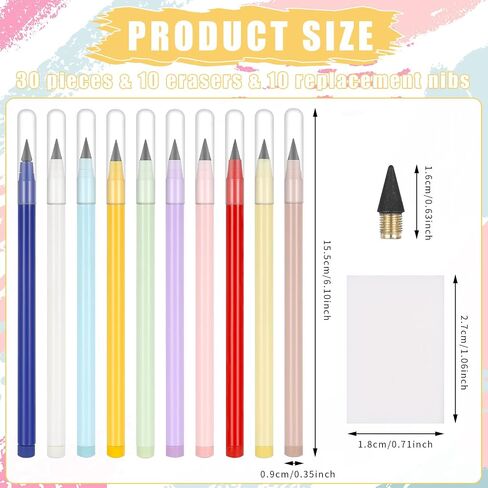 Jspupifip 30 Pcs Forever Everlasting Inkless Pencil with 10 Eraser,Infinity Inkless Pencil Reusable Colored with 10 Pcs Replaceable Graphite Nib for Aesthetic School Office Writing Supplies in Saudi Arabia
