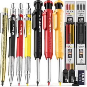 Nicpro 16 Pack Mechanical Carpenter Pencil Set with 42 Refills & Carbide Scribe Tool, Deep Hole Marker Construction Pencils Heavy Duty Woodworking Pencils Built-in Sharpener for Construction Architect
