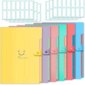 Selizo 6 Pcs Expanding File Folder with 5 Pockets Organizer Plastic A4 Size and 168 Pcs File Folder Labels for School Teacher and Office