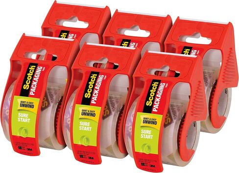 Scotch Sure Start Shipping Packaging Tape, 6 Packs of 6 Rolls with Dispenser, 1.88" x 22.2 Yards, 2" Core, Great for Packing, Shipping & Moving, Clear (145-6) in Saudi Arabia