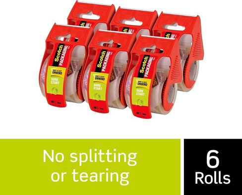 Scotch Sure Start Shipping Packaging Tape, 6 Packs of 6 Rolls with Dispenser, 1.88" x 22.2 Yards, 2" Core, Great for Packing, Shipping & Moving, Clear (145-6) in Saudi Arabia