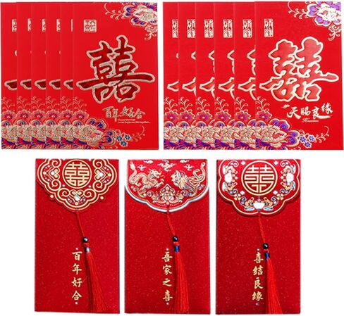 14 قطعة من المظاريف الصينية الحمراء لحفلات الزفاف، تصميم "السعادة المزدوجة"، مظاريف حمراء ختم ساخن. in Kuwait