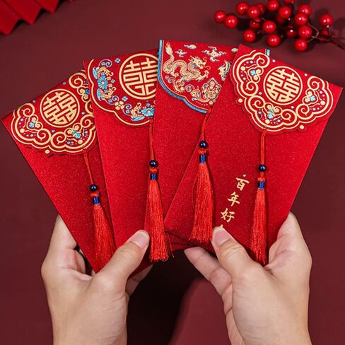 14 قطعة من المظاريف الصينية الحمراء لحفلات الزفاف، تصميم "السعادة المزدوجة"، مظاريف حمراء ختم ساخن. in Kuwait