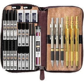 Nicpro 29PCS Art Mechanical Pencil Set in Leather Case, Metal Drafting Pencil 0.5, 0.7, 0.9 mm & 2mm Lead Holders for Sketching Drawing With 15 Tube (4B 2B HB 2H 4H Colored) Lead Refills in Saudi Arabia