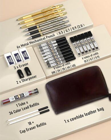 Nicpro 29PCS Art Mechanical Pencil Set in Leather Case, Metal Drafting Pencil 0.5, 0.7, 0.9 mm & 2mm Lead Holders for Sketching Drawing With 15 Tube (4B 2B HB 2H 4H Colored) Lead Refills in Kuwait