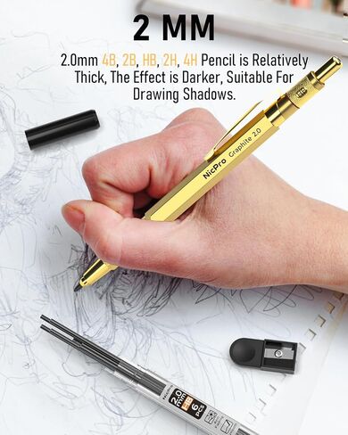 Nicpro 29PCS Art Mechanical Pencil Set in Leather Case, Metal Drafting Pencil 0.5, 0.7, 0.9 mm & 2mm Lead Holders for Sketching Drawing With 15 Tube (4B 2B HB 2H 4H Colored) Lead Refills in Kuwait