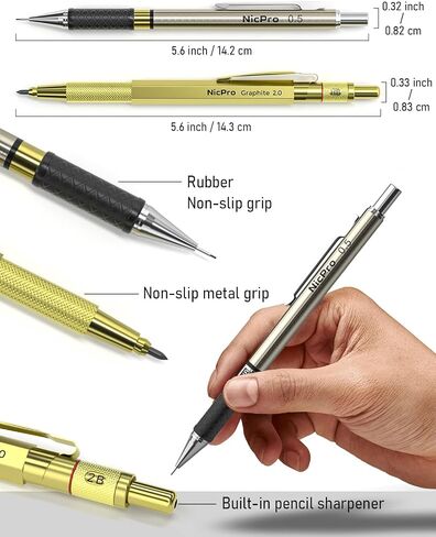 Nicpro 29PCS Art Mechanical Pencil Set in Leather Case, Metal Drafting Pencil 0.5, 0.7, 0.9 mm & 2mm Lead Holders for Sketching Drawing With 15 Tube (4B 2B HB 2H 4H Colored) Lead Refills in Kuwait