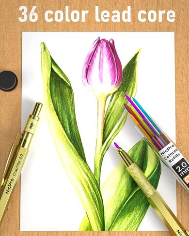 Nicpro 29PCS Art Mechanical Pencil Set in Leather Case, Metal Drafting Pencil 0.5, 0.7, 0.9 mm & 2mm Lead Holders for Sketching Drawing With 15 Tube (4B 2B HB 2H 4H Colored) Lead Refills in Kuwait