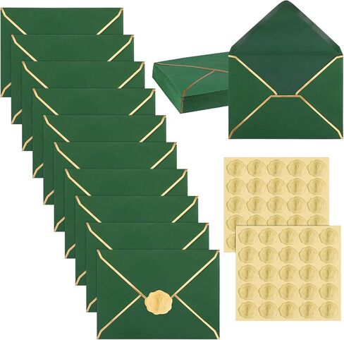 50 Pcs A7 Envelopes 5 x 7 Card Envelopes and 50 Pcs Gold Embossed Wax Seal Envelopes Self Adhesive V Flap Envelopes with Gold Border for Wedding Greeting Card Invitation (Dark Green) in Saudi Arabia