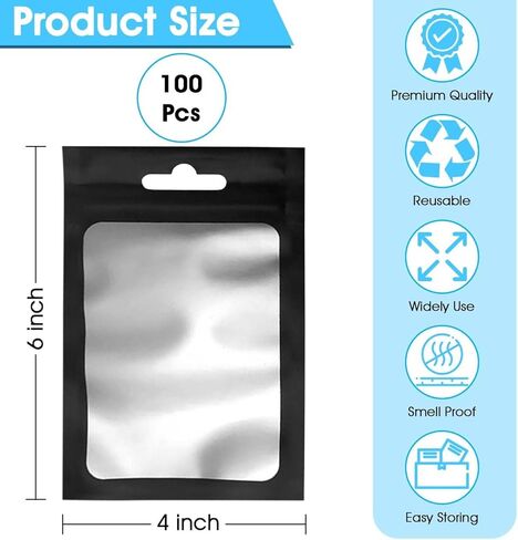 SUZ 100 Pack Resealable Mylar Bags Clear Matte & Black Matte Smell Proof Bags For Food Storage Business Packaging Candy, Jewelry Organizer Pack (Clear & Black, 4 x 6 inch) in Saudi Arabia