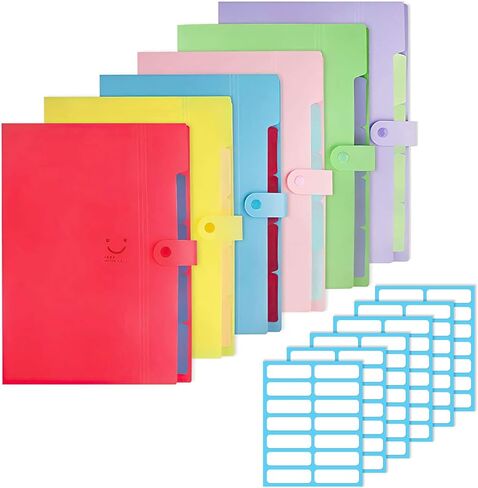 Heqishun 6 Pack Expanding File Folder 5 Pocket with 168pcs File Folder Labels, Plastic Organizer A4 Letter Size Expandable File Folder for School in Kuwait