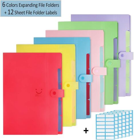 Heqishun 6 Pack Expanding File Folder 5 Pocket with 168pcs File Folder Labels, Plastic Organizer A4 Letter Size Expandable File Folder for School in Kuwait