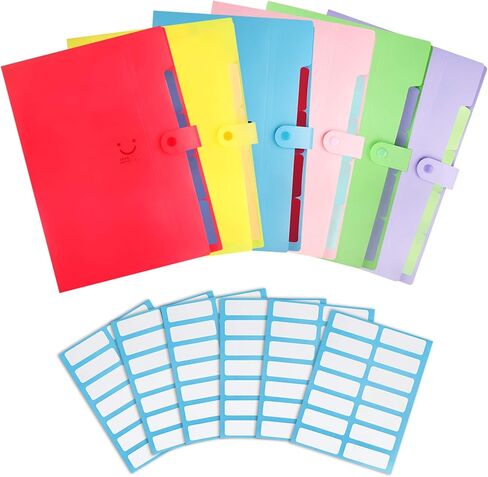 Heqishun 6 Pack Expanding File Folder 5 Pocket with 168pcs File Folder Labels, Plastic Organizer A4 Letter Size Expandable File Folder for School in Kuwait