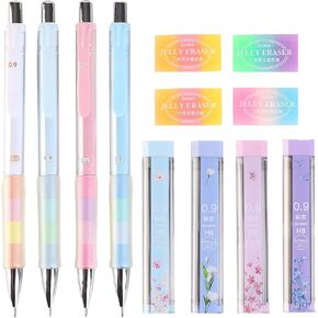 0.9 mm Mechanical Pencil Set Including 4 pcs Mechanical Pencils with 4 Tubes HB Lead Refills and 4pcs Erasers for Writing Draft, Drawing, Sketch, Architecture