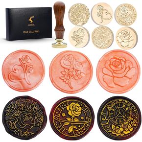 Wax Seal Stamp Set, 6 pcs Brass Head Wax Stamp & 1 Wooden Handle, 6 Botanical Designs (Rosemary, Sunflower, Ginkgo leaf, Wreath, Leaves, Eucalyptus)