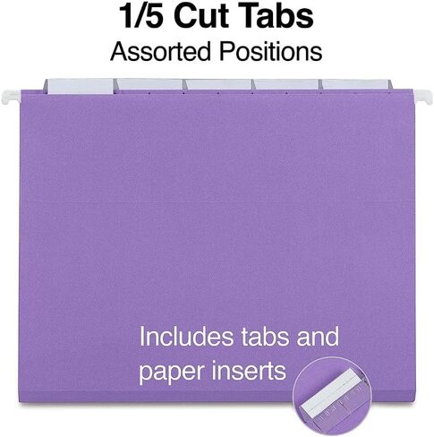 1InTheOffice Purple Hanging File Folders Letter Size, Colored Hanging File Folders, File Cabinent Dividers, 5-Tab Adjustable, 25 Pack in Saudi Arabia