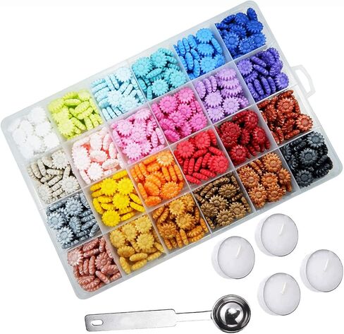 Lanmiya Sealing Wax Beads, Sunflower Sealing Wax Sealing Beads Colorful Macarone 624Pcs with 4PCS Tea Candles and 1 PCS Wax Melting Spoon in Saudi Arabia