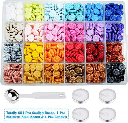 Lanmiya Sealing Wax Beads, Sunflower Sealing Wax Sealing Beads Colorful Macarone 624Pcs with 4PCS Tea Candles and 1 PCS Wax Melting Spoon in Saudi Arabia