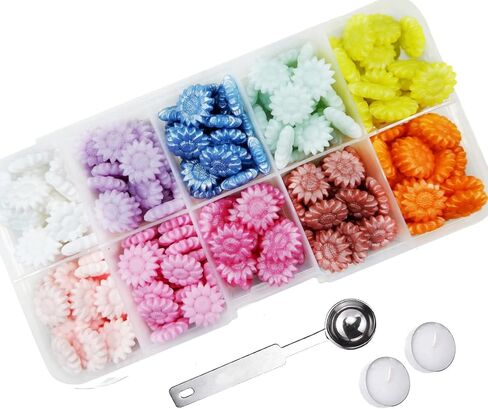 Lanmiya Sealing Wax Beads, Sunflower Sealing Wax Sealing Beads Colorful Macarone 624Pcs with 4PCS Tea Candles and 1 PCS Wax Melting Spoon in Saudi Arabia