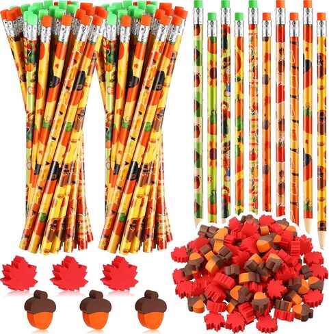Crtiin 60 Set Fall Themed Pencils Thanksgiving Party Pencils Thanksgiving Wood Pencils and Bulk Mini Maple Leaf Acorn Erasers Mini Erasers for Thanksgiving Kids Teachers Classroom Gifts Rewards in Kuwait