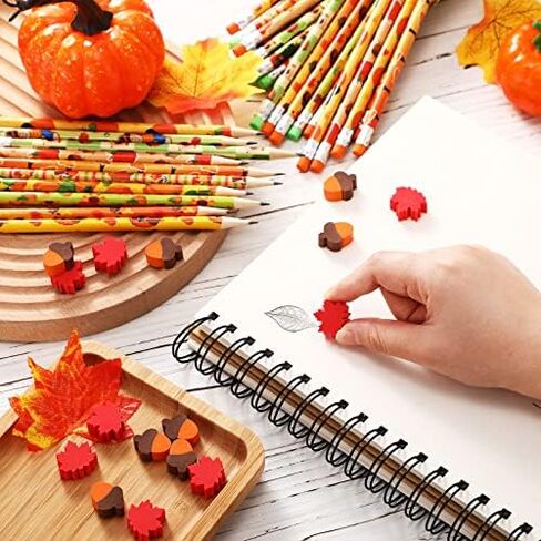 Crtiin 60 Set Fall Themed Pencils Thanksgiving Party Pencils Thanksgiving Wood Pencils and Bulk Mini Maple Leaf Acorn Erasers Mini Erasers for Thanksgiving Kids Teachers Classroom Gifts Rewards in Kuwait