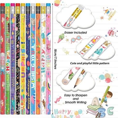 Funrous 200 Pcs Happy Birthday Pencils for Students Bulk Colorful Pencils with Top Erasers for Teachers Classrooms Reward Kids Birthday Party Supplies Gifts, 10 Assorted Style in Saudi Arabia