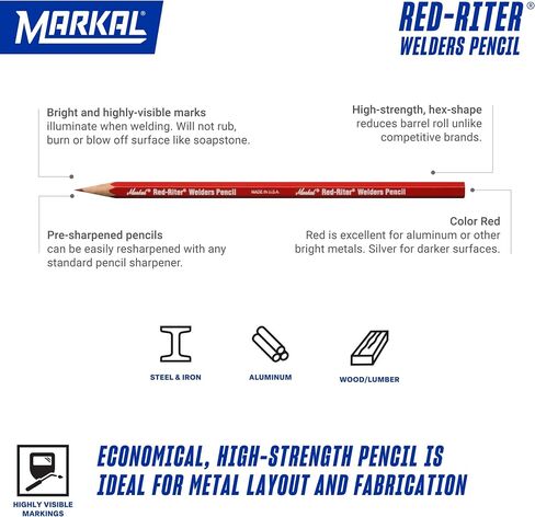 Markal 96100 Red-Riter Welders Pencil for Torch-Resistant Marks During Metal Layout and Fabrication, Red (Pack of 12) Made in USA in Saudi Arabia