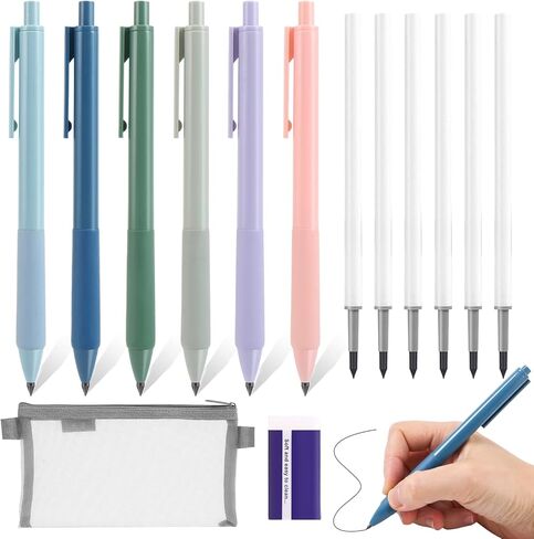 6 قطع من أقلام الرصاص السحرية بدون حبر الأبدية، أقلام رصاص ميكانيكية لا متناهية لطيفة قابلة لإعادة الاستخدام للرسم غير المحدود مع 6 سنون قابلة للاستبدال، وممحاة واحدة وحقيبة أقلام (أسود وأبيض) in Kuwait
